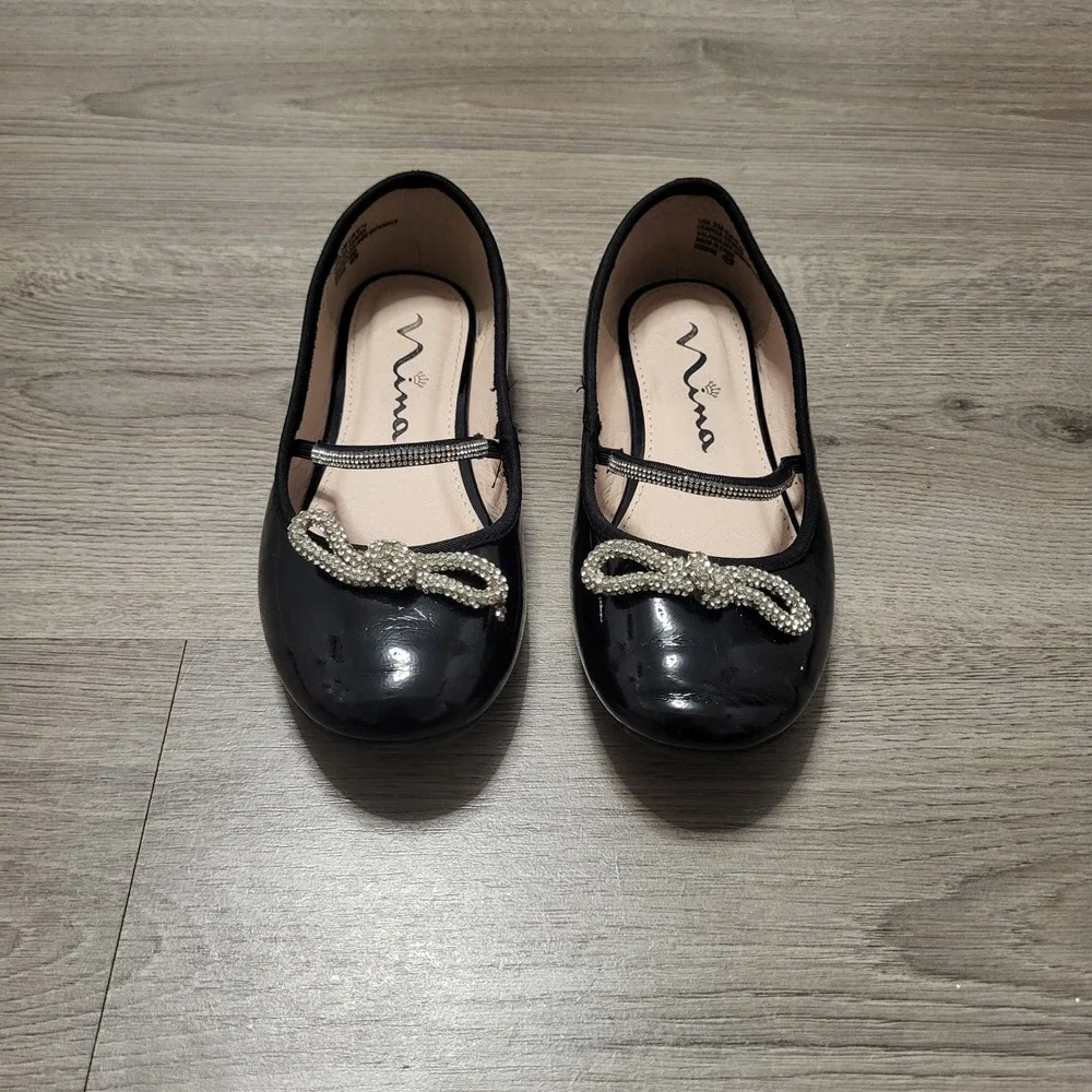 Nina Kids Black Patent Mary Jane Rhinestone Bow Flats Dressy Glossy Shoes 2